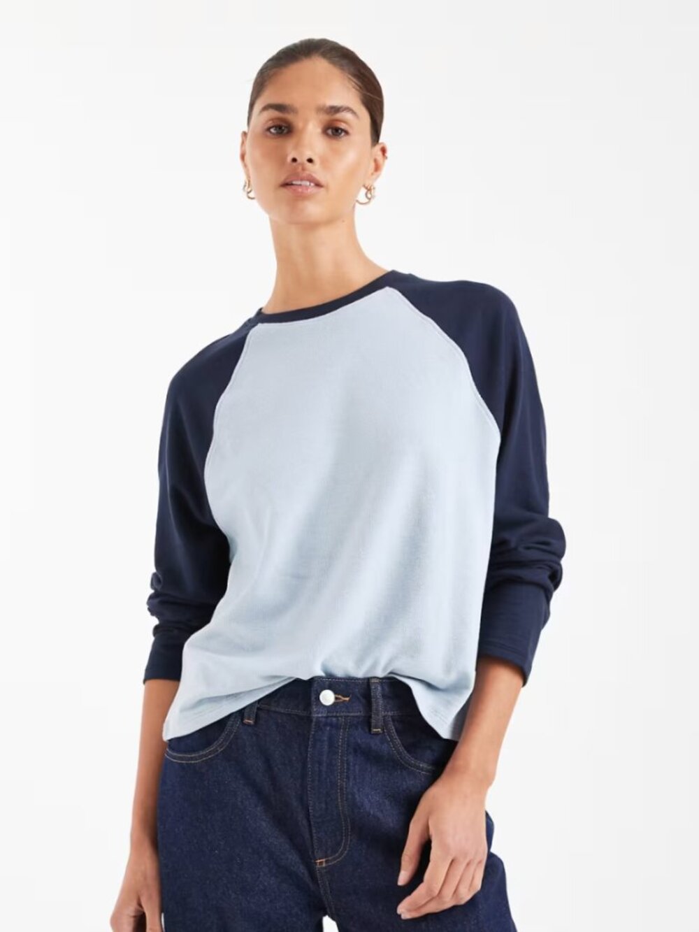 ASOS DESIGN textured oversized raglan long sleeve T-shirt in baby blue & navy